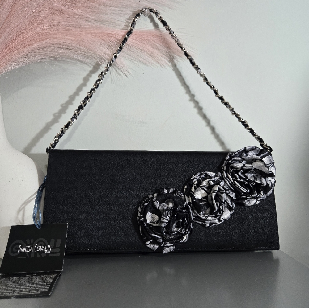 NWT Pineda Covalin Mexico Black Silk Tehuana Flower Clutch Bag Silver Chain